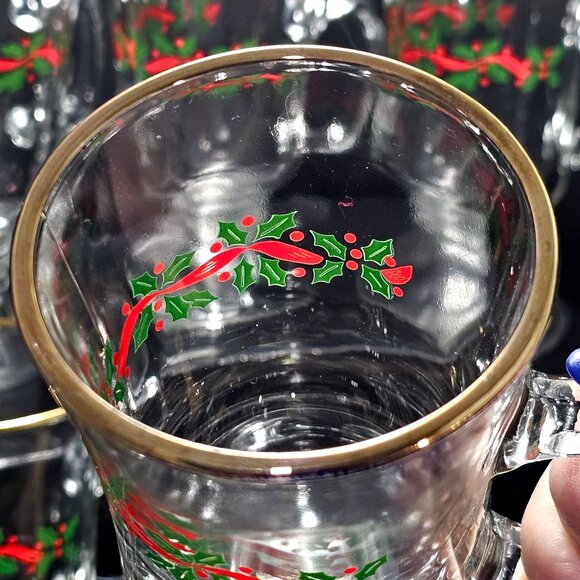6 Libbey Holly Ribbons Irish Coffee Glasses 5.5" Christmas latte hot cocoa vtg - Picture 6 of 10